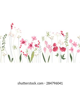 Seamless pattern brush with stylized summer flowers. Endless horizontal texture. Contour, outline.