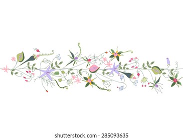 Pincel de padrão contínuo com flores estilizadas de verão. Textura horizontal sem fim. Contorno, contorno.