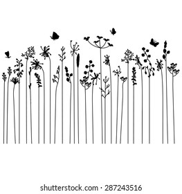 Seamless pattern brush with stylized summer flowers. Endless horizontal texture. Contour, outline.Black silhouette.