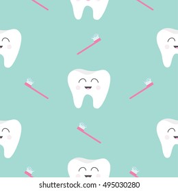 Seamless Pattern Brush Tooth health. Cute funny cartoon smiling character. Oral dental hygiene. Children teeth care. Baby texture. Flat design. Blue background. Vector illustration.