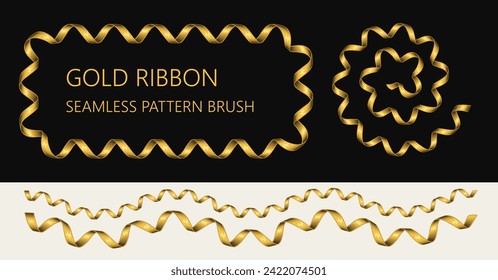 Seamless pattern brush with yellow party streamer, spiral ribbons. Brush with end, start tiles. Design element for gift, greeting, festive, holiday design, decoration