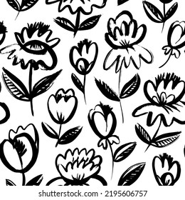 Seamless pattern with brush-drawn flowers. Hand drawn botanical ornament with floral motif in sketch style. Black chamomile or daisy painted by brush. Abstract blossoms on stems with leaves.