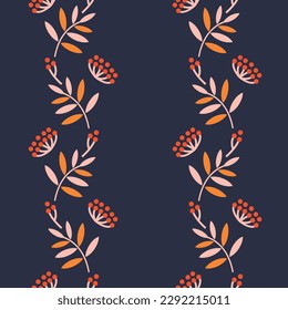Seamless pattern with brushes of berries and rowan leaves for printing on textiles and packaging. Simplified stylization in geometric style. Decorative waves in the form of plant elements.