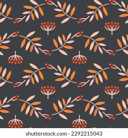 Seamless pattern with brushes of berries and rowan leaves for printing on textiles and packaging. Simplified stylization in geometric style. Autumn fruits of the wild. Wavy decor on a dark background.