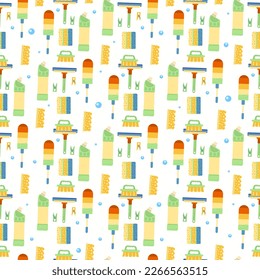 A seamless pattern with brushes and bottle spray for cleaning. White background.