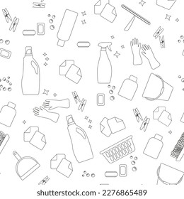 A seamless pattern with brushes and bottle spray for cleaning. White background. Cleaner equipment products cleaning housework domestic brush sponge bottle spray and protective gloves.