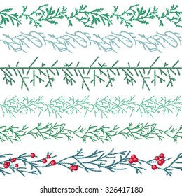 El patrón sin inconvenientes se cepilla con ramas de abetos de Navidad en blanco. Textura sin fin, borde horizontal para el diseño festivo, anuncios, postales, afiches.