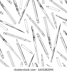 Seamless pattern with brushes and pencils on a white.Hand-drawn vector illustration.