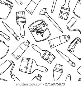 Un patrón sin fisuras de pinceles y rodillos para pintar paredes y reparaciones. Ilustración vectorial en estilo doodle.