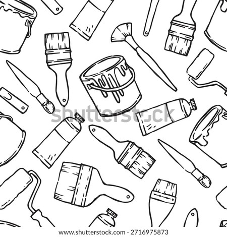 A seamless pattern of brushes and rollers for painting walls and repairs. Vector illustration in doodle style.