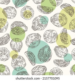 Seamless pattern with brussels sprouts: head of cabbage, full brussels sprouts and brussels sprouts piece. Vector hand drawn illustration. 