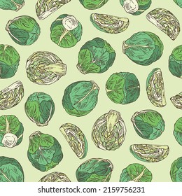 Seamless pattern with brussels sprouts: head of cabbage, full brussels sprouts and brussels sprouts piece. Vector hand drawn illustration. 