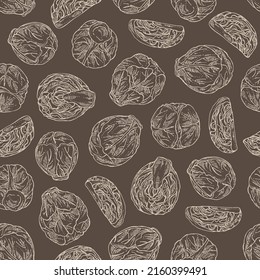 Seamless pattern with brussels sprouts: head of cabbage, full brussels sprouts and brussels sprouts piece. Vector hand drawn illustration. 