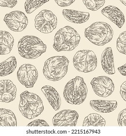 Seamless pattern with brussels sprouts: head of cabbage, full brussels sprouts and brussels sprouts piece. Vector hand drawn illustration. 