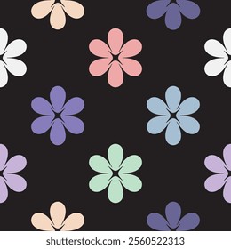 Seamless pattern with brutal contemporary colorful outline flowers on black. Floral figures in y2k style, retro futuristic. Abstract graphic geometric linear plants, 2000s. Primitive vector surface