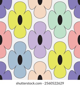 Seamless pattern with brutal contemporary colorful outline flowers. Floral figures in y2k style, retro futuristic. Abstract graphic geometric linear plants, 2000s. Primitive vector surface