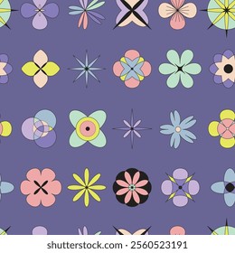 Seamless pattern with brutal contemporary colorful outline flowers on dark purple. Floral figure, y2k style, retro futuristic. Abstract graphic geometric linear plants, 2000s. Primitive vector surface