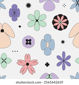 Seamless pattern with brutal contemporary outline flowers and geometric shapes. Floral figures, y2k style, retro futuristic. Abstract graphic linear plants, 2000s. Primitive colorful vector surface