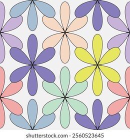 Seamless pattern with brutal contemporary vibrant neon outline flowers. Floral figures, y2k style, retro futuristic. Abstract graphic geometric linear plants, 2000s. Primitive colorful vector surface