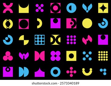 Seamless pattern of brutalist abstract colorful geometric shapes on black background. Swiss design aesthetics. Design by Bauhaus Memphis.