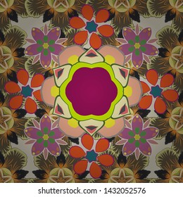 Seamless pattern with bstract geometric modern elements. Shiny brown, beige and orange backdrop. Art deco style. Polka dots, confetti. Vector illustration.