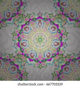 Seamless pattern with bstract geometric modern elements. Vector illustration. Art deco style. Shiny green and yellow backdrop. Polka dots, confetti.