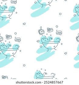 Seamless pattern with bubble bath, washcloth and soap. Doodle vector illustration. Childish naive art style