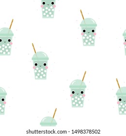 Seamless pattern with bubble drink and glitter straw. Cute print. Vector hand drawn illustration.