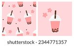 Seamless pattern with bubble green tea cups and Sakura flower on pink background. Bubble green tea cup cartoon with cherry blossom Sakura flower icons.