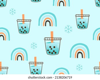 Seamless pattern with bubble green tea cups with rainbows on blue background vector illustration.