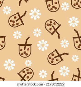 Seamless Pattern With Bubble Green Tea Cups And Daisy Flower On Milk Tea Texture Background Vector Illustration. 