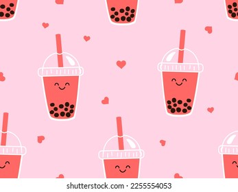 Seamless pattern with bubble green tea cups and red hearts on pink background vector illustration.