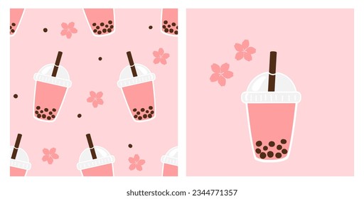 Seamless pattern with bubble green tea cups and Sakura flower on pink background. Bubble green tea cup cartoon with cherry blossom Sakura flower icons.