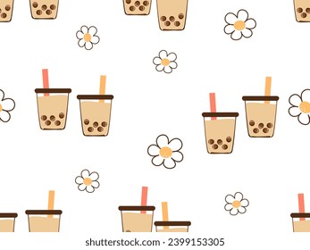 Seamless pattern with bubble green tea cup and daisy flower on white background vector illustration.