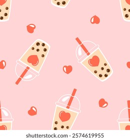 Seamless pattern with bubble green tea cups and red hearts on pink background vector. 