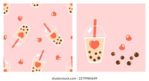 Seamless pattern with bubble green tea cups and red hearts on pink background vector.