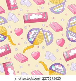 Seamless pattern with bubble gum, rolls, box and heart on a beige background. Trendy 90s style vector illustration.