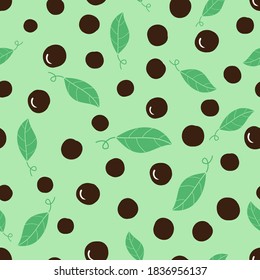 Seamless pattern with bubble milk green tea and green tea leaves on green background vector illustration.