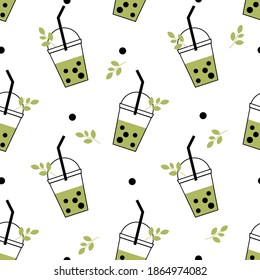 Seamless pattern with bubble milk green tea cup with straw and green tea leaves on white background vector illustration. Cute cartoon character.