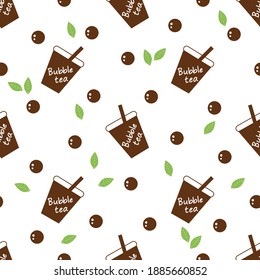 Seamless pattern with bubble milk green tea cup and green tea leaves on white background vector illustration. 