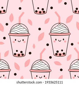 Seamless pattern with bubble milk green tea cups vector. Pretty cartoon food.