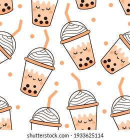 Seamless pattern with bubble milk green tea cups vector. Pretty cartoon food.