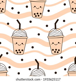 Seamless pattern with bubble milk green tea cups vector. Pretty cartoon food.