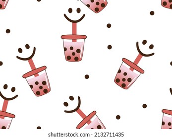 Seamless pattern with bubble milk green tea cups and yummy face on white background vector illustration.