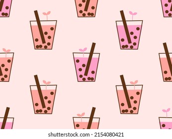 Seamless pattern with bubble milk green tea cup on pink background vector illustration.