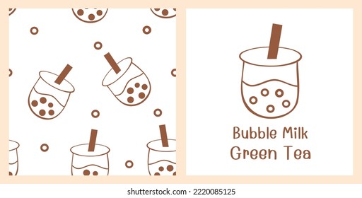 Seamless pattern with bubble milk green tea cups on white background. Bubble milk cup logo sign with hand written font vector illustration. 