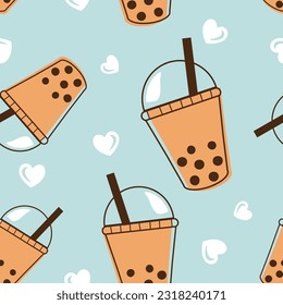 Seamless pattern with bubble milk green tea cup and heart on blue mint background vector illustration.