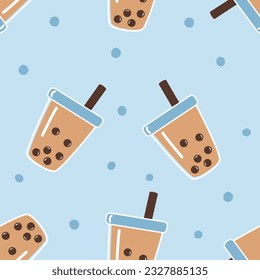 Seamless pattern with bubble milk green tea cups on blue background vector illustration.