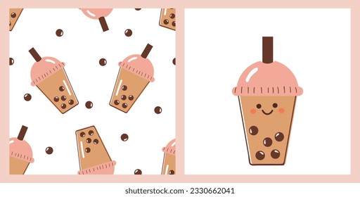 Seamless pattern with bubble milk green tea cups and tapioca balls on white background. Bubble milk green tea cup with cute face vector.