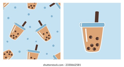 Seamless pattern with bubble milk green tea cups and tapioca balls on blue background. Bubble milk green tea cup icon sign vector.